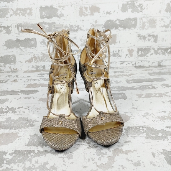 Guess Glitter Gold Open Toe Zip Gladiator Ankle Wrap Stiletto Heels V617 - Picture 3 of 12